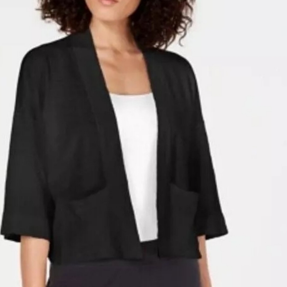 Eileen Fisher Elegant Black Organic  Linen Blend Open  Women's Top Medium